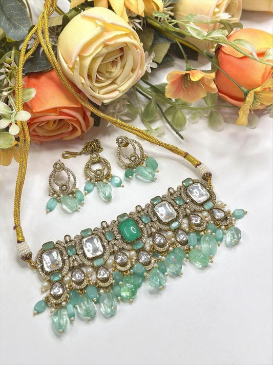 Mint green Doublet Stone, Polki: Antique Gold polished with American Diamonds necklace set choker
