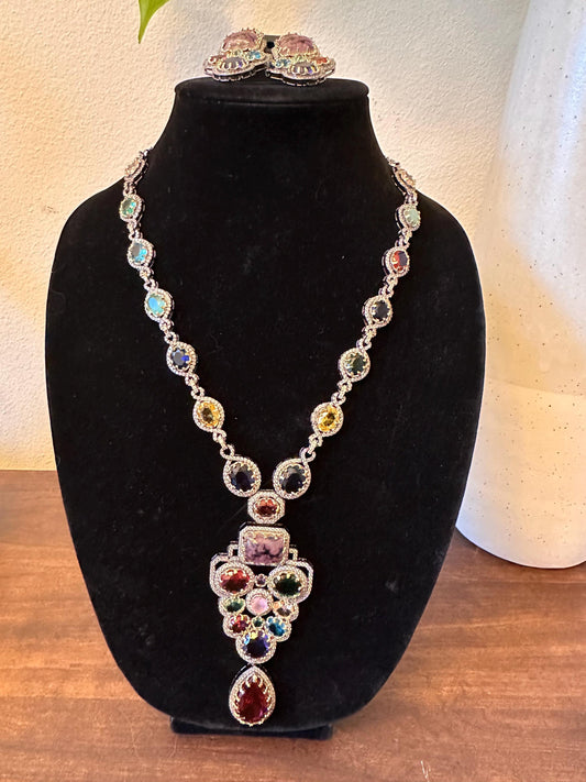Semiprecious stones, American Diamonds CZ Classic Necklace Set sabyasachi inspired design