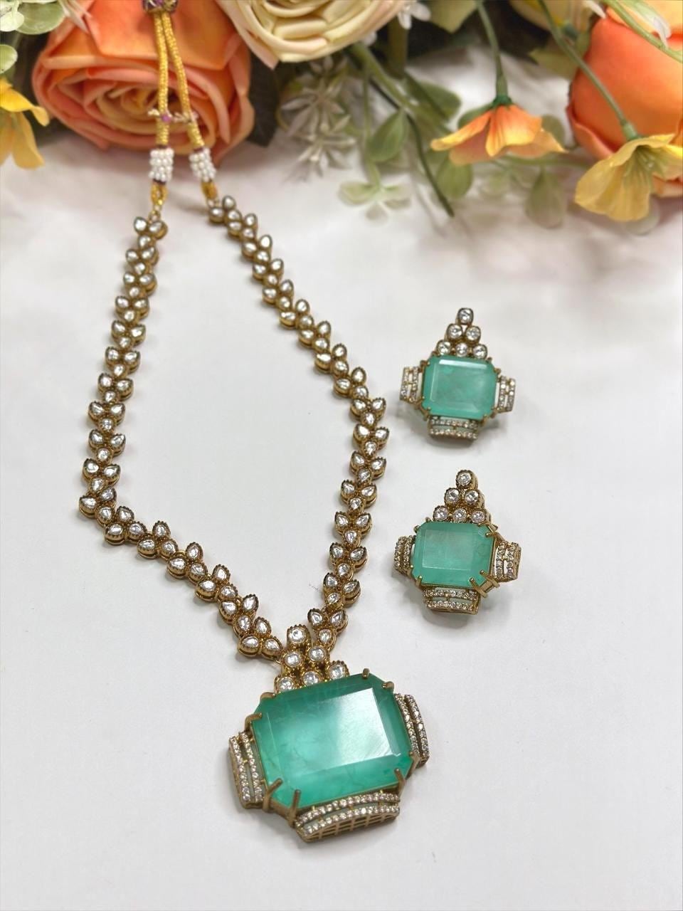 Doublet Stone, Polki: Antique Gold polished with American Diamonds necklace set