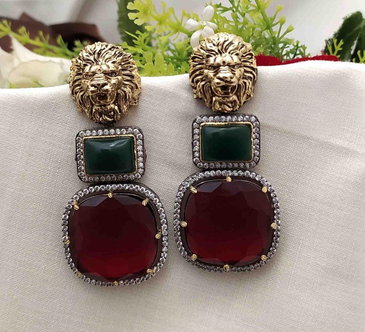 Sabya inspired Polki and semiprecious stone earrings with American diamonds
