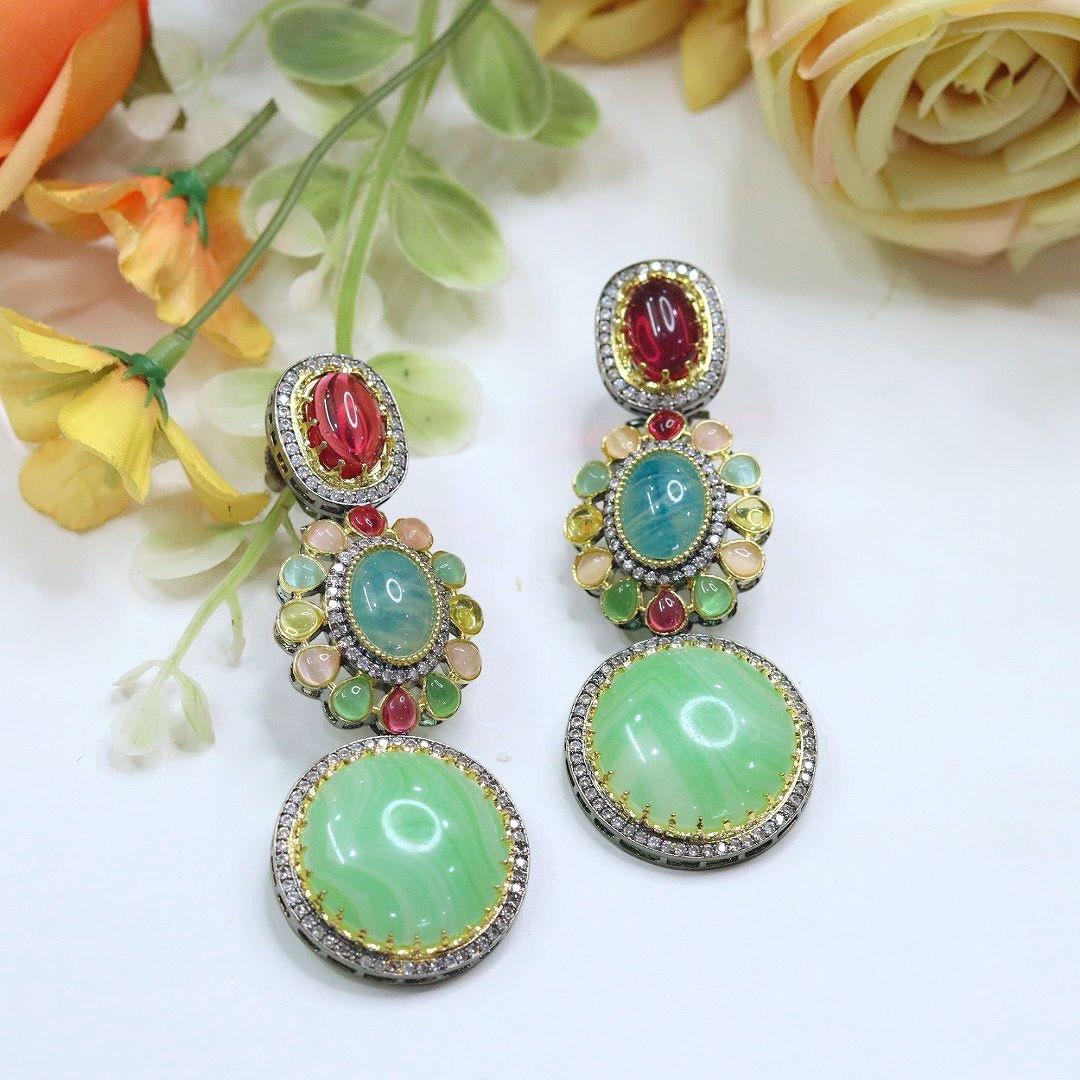 Polki and semiprecious stone earrings with American diamonds Sabya inspired