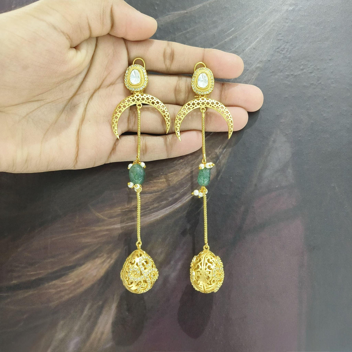 Polki and semiprecious stone filigree long earrings with American diamonds