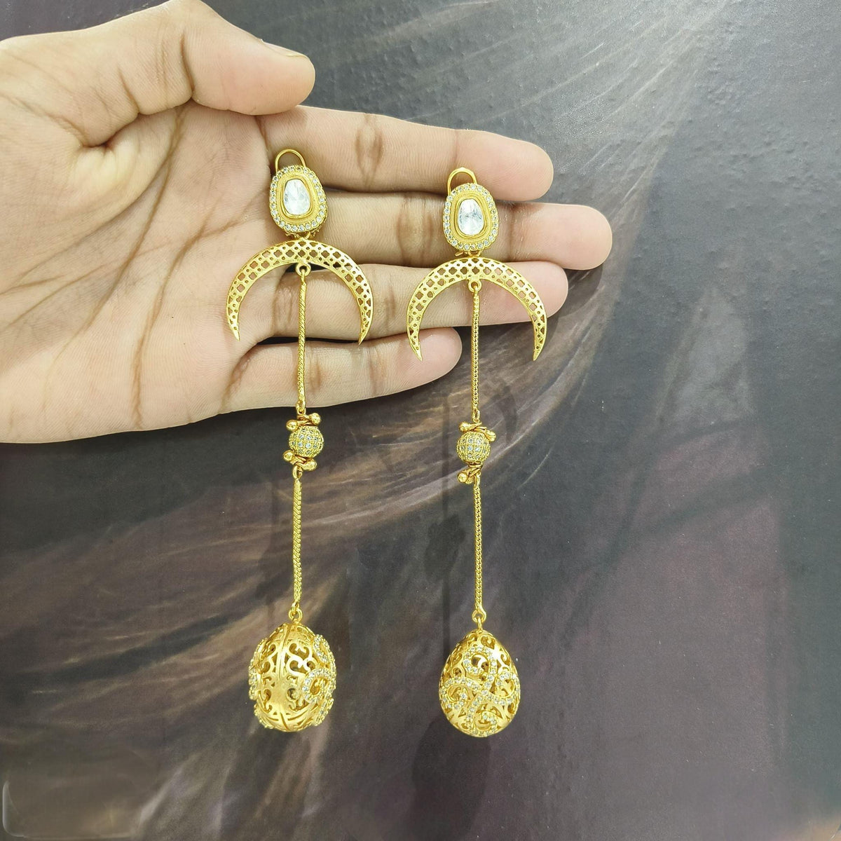 Polki and semiprecious stone filigree long earrings with American diamonds