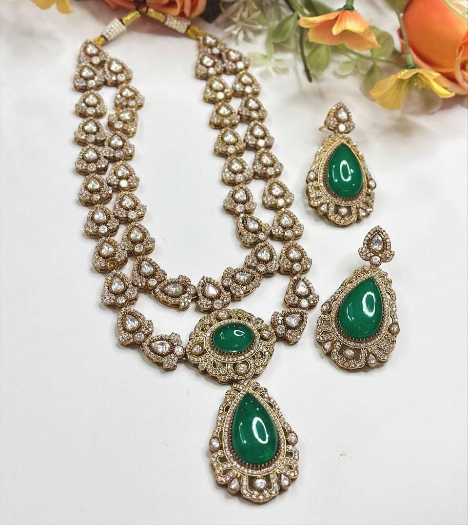 Semiprecious stones Doublet stones, emeralds, Polki: Antique Gold polished with American Diamonds necklace set