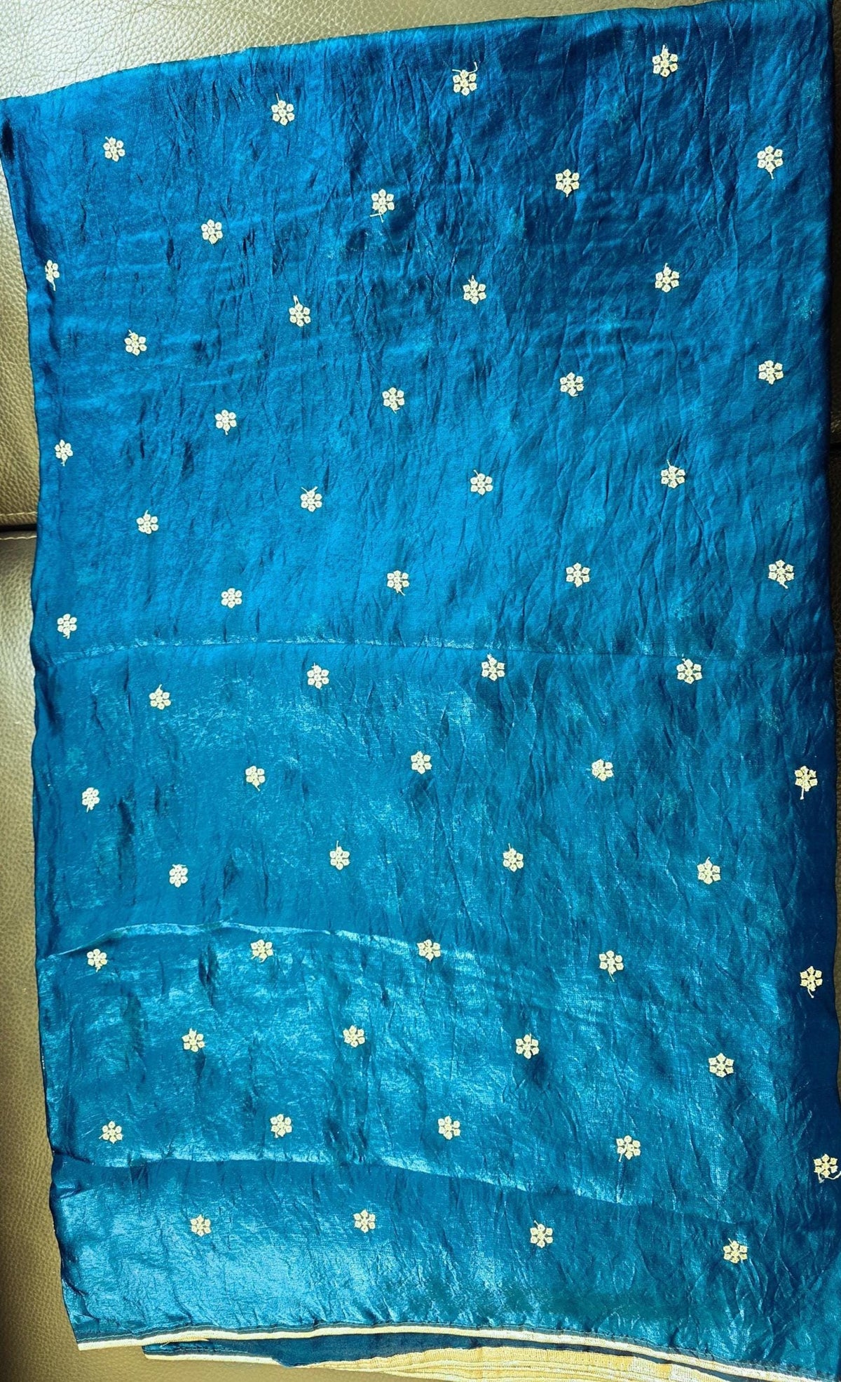 Blue Tissue Silk Saree, Sequin Butti, Lace Border (no blouse, only saree)