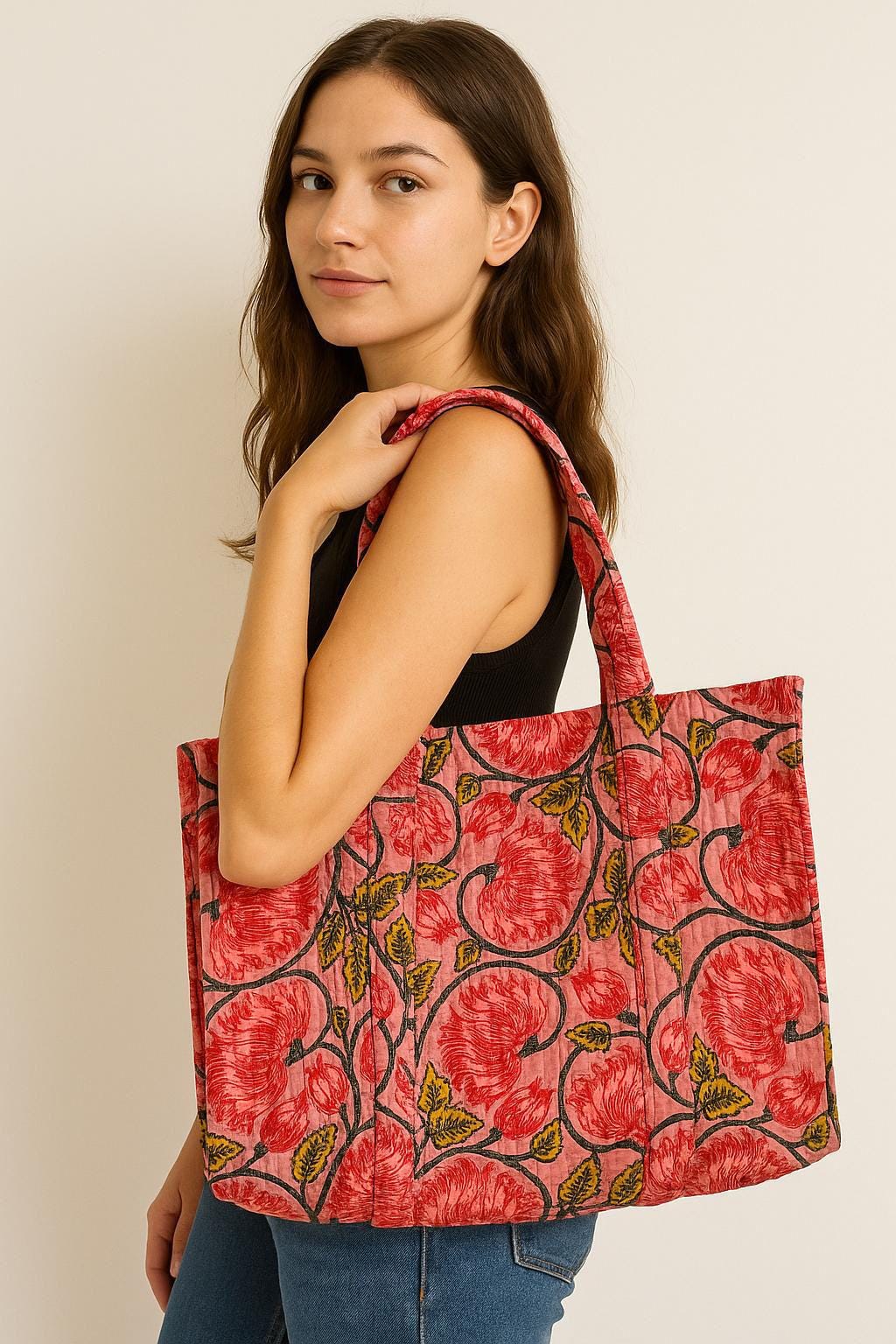 Quilted Cotton Tote Bag: Floral Bird Print, Large Capacity Shoulder Bag