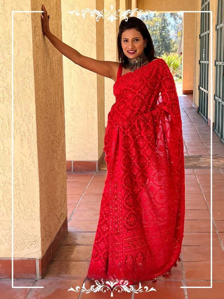 Red Designer Faux Georgette Chikankari Worked Saree
