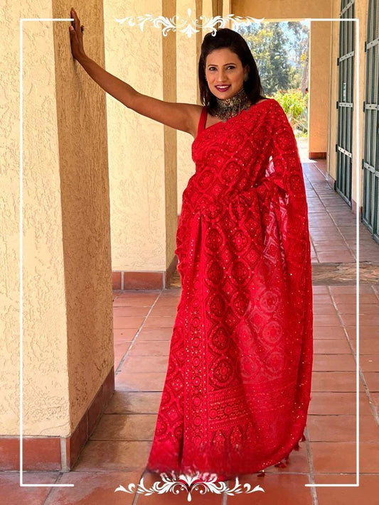 Red Designer Faux Georgette Chikankari Worked Saree