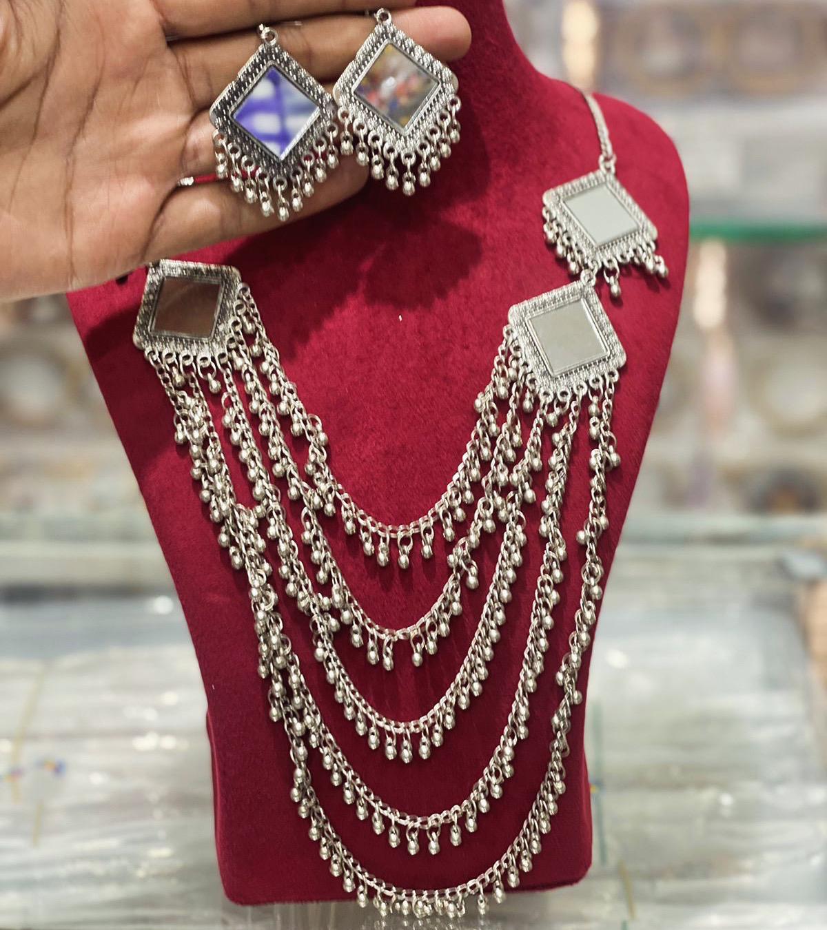 Afghani mirror work lightweight layered necklace set silver polish
