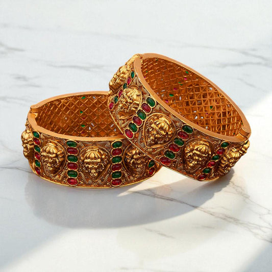 Temple Design Bangle Set with Ruby and Green Stones, Openable Bracelet