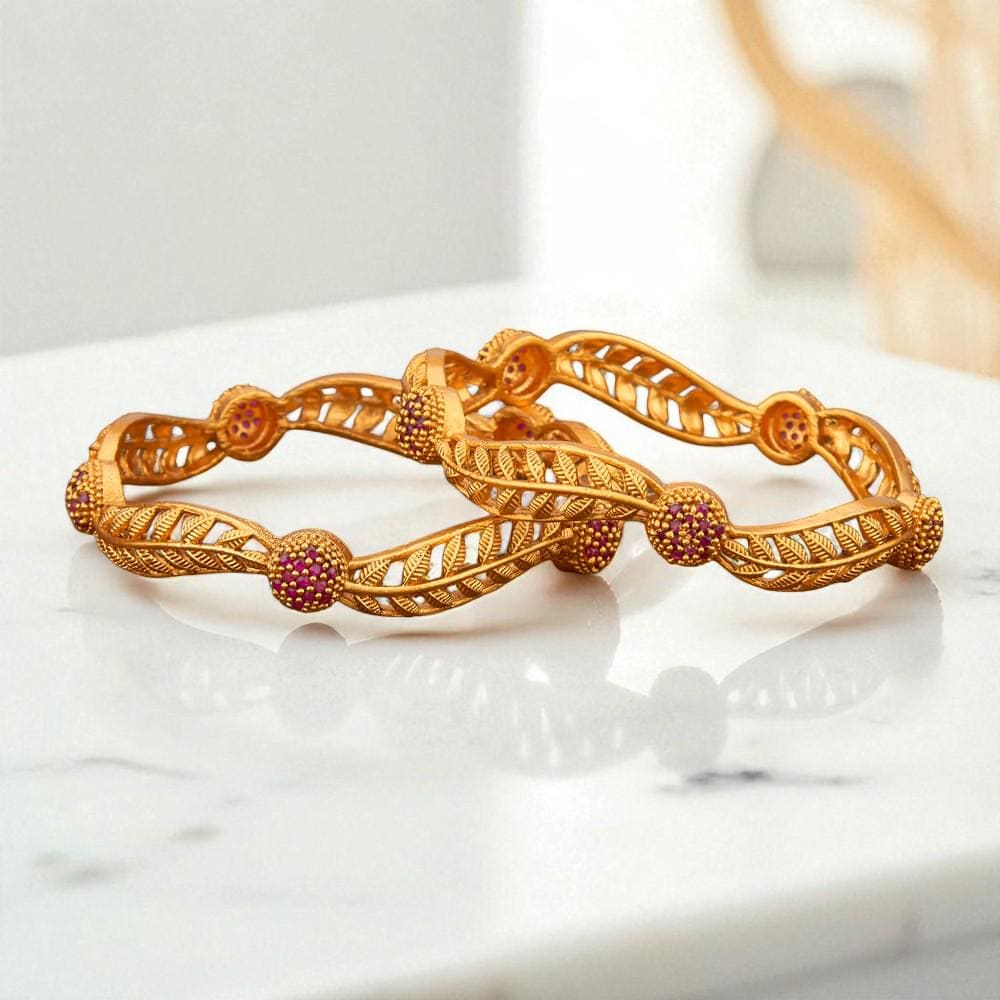 Delicate design gold polished Bangle Set with rubies