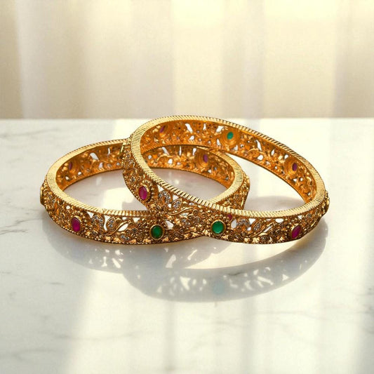 Delicate design gold polished Bangle Set size 2.4 with rubies emeralds and diamonds