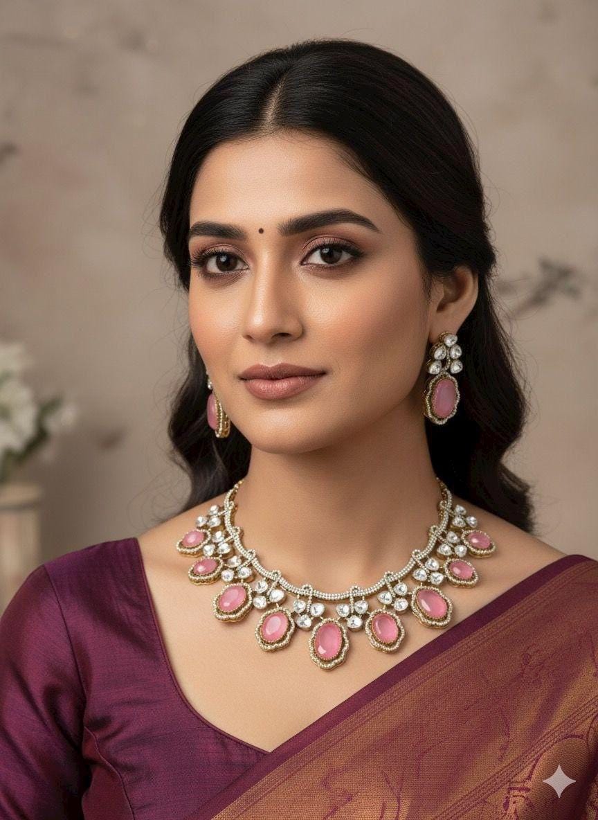 Doublet Stone, Polki: Antique Gold polished with American Diamonds necklace set