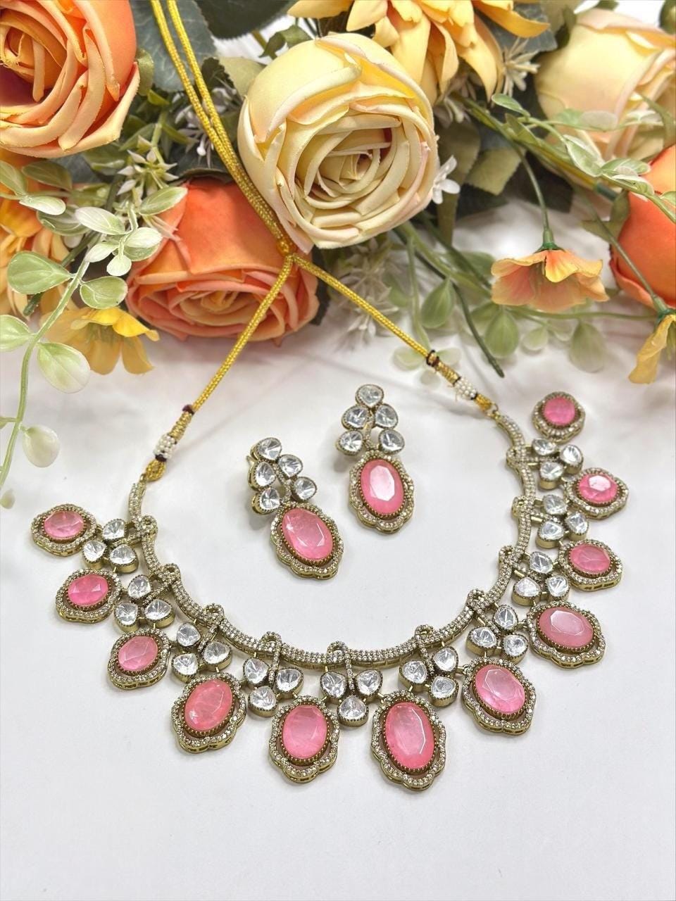 Doublet Stone, Polki: Antique Gold polished with American Diamonds necklace set