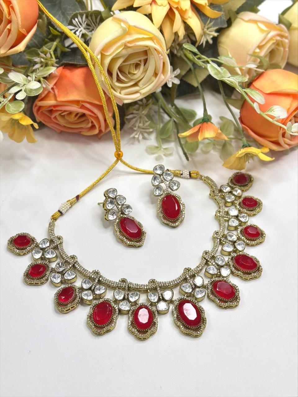 Doublet Stone, Polki: Antique Gold polished with American Diamonds necklace set