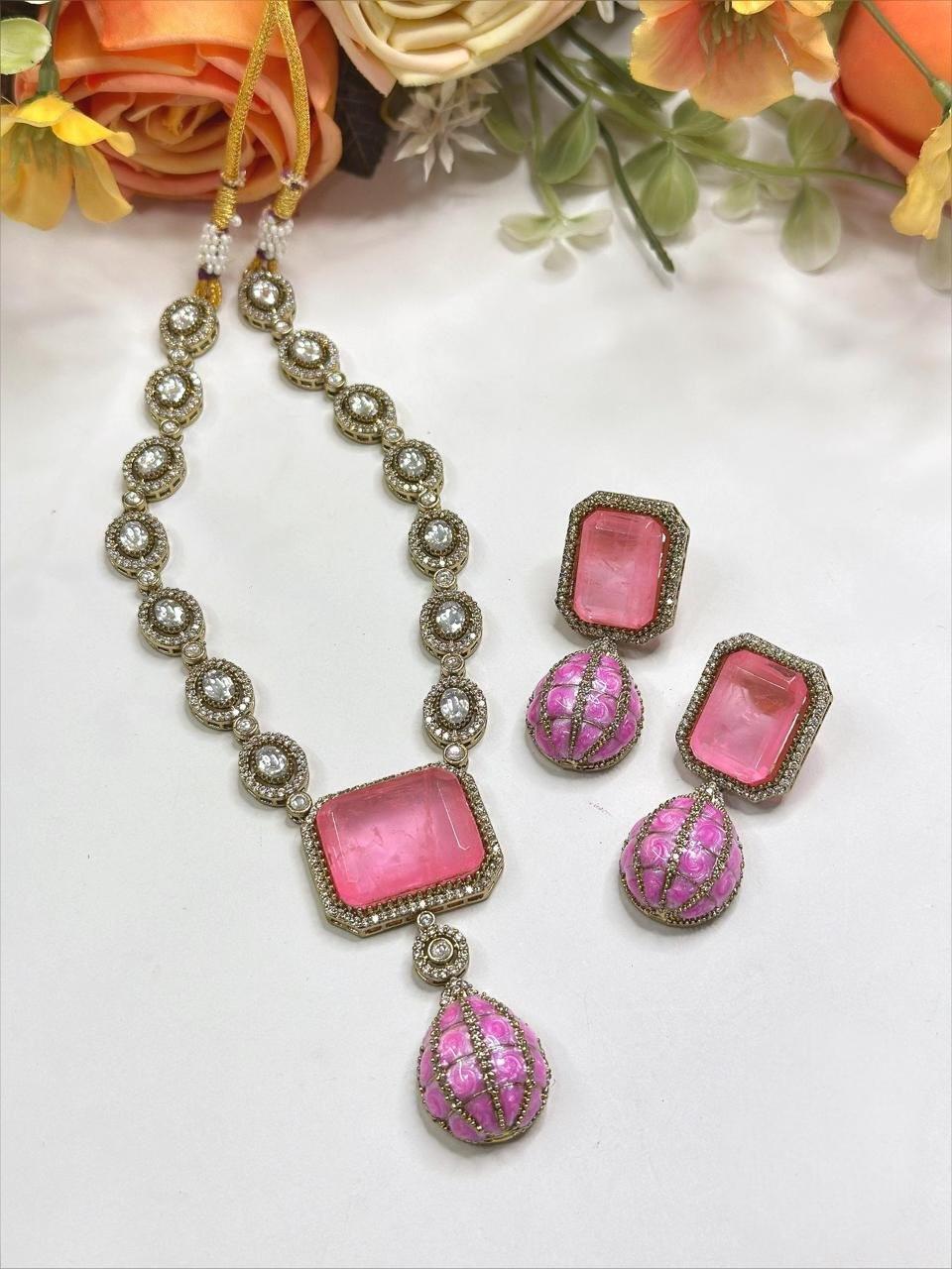 Pink Doublet Stone, Polki: Antique Gold polished with American Diamonds necklace set