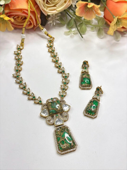 Emerald and gold Stone, Polki: Antique Gold polished with American Diamonds necklace set