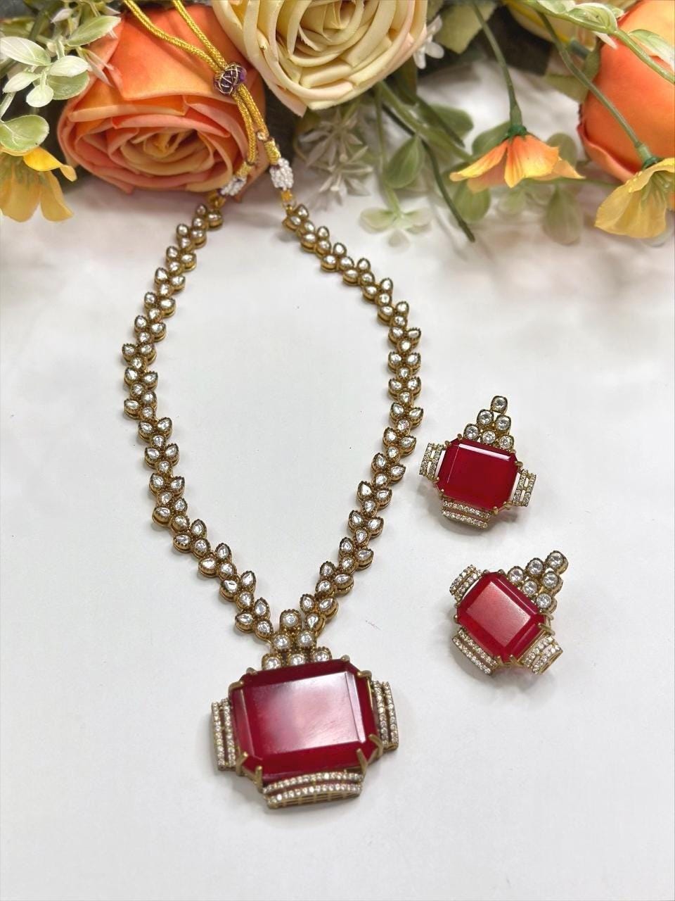 Doublet Stone, Polki: Antique Gold polished with American Diamonds necklace set