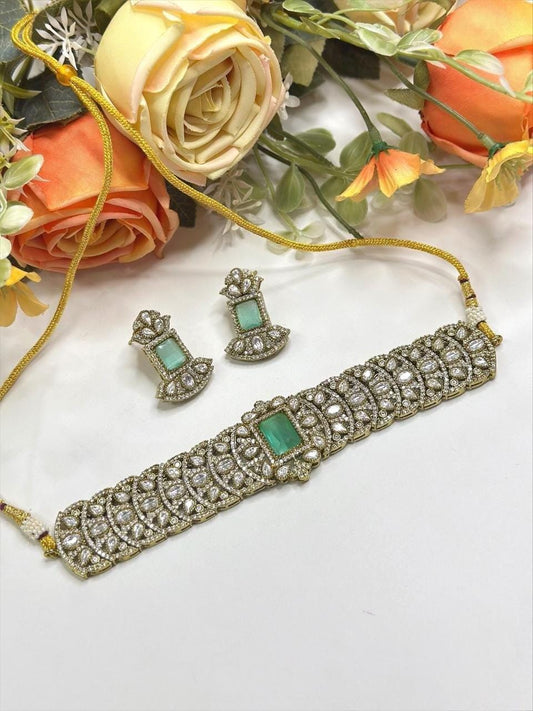 Doublet Stone, Polki: Antique Gold polished with American Diamonds necklace set choker