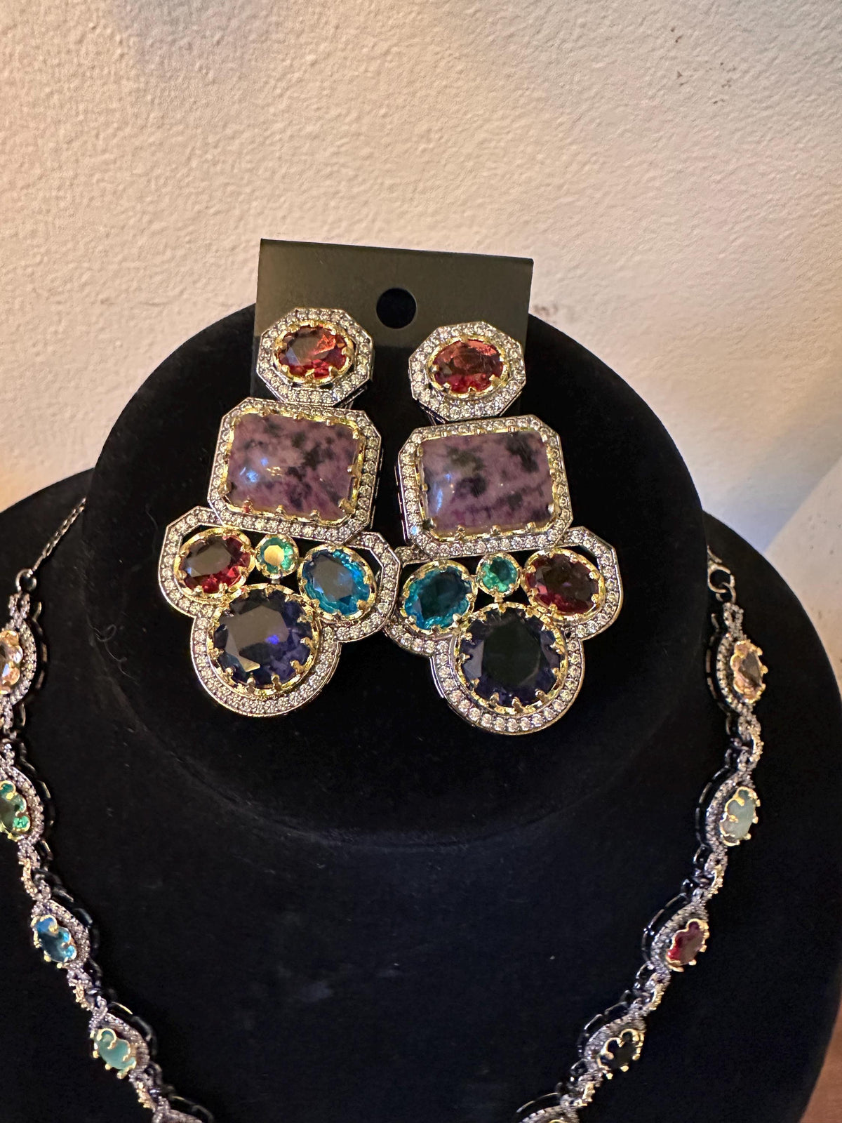 Semiprecious stones, American Diamonds CZ Classic Necklace Set sabyasachi inspired design