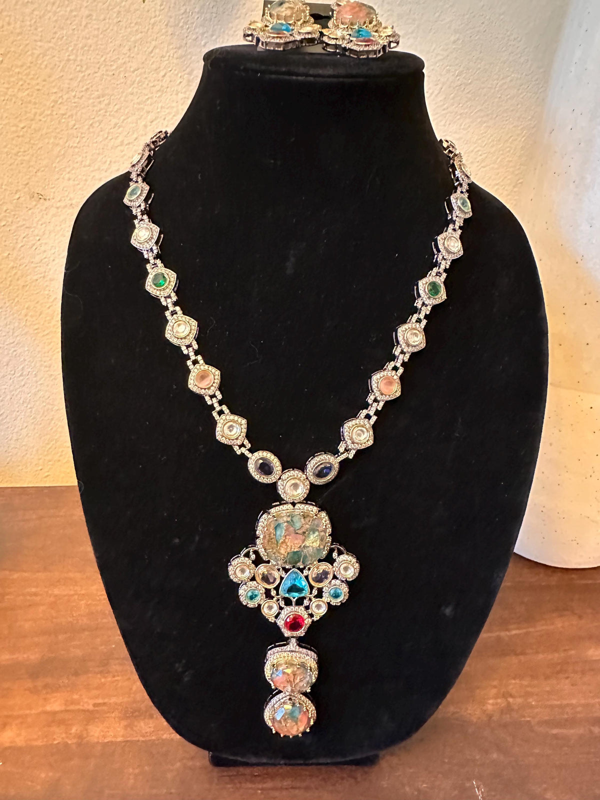 Semiprecious stones, American Diamonds CZ Classic Necklace Set sabyasachi inspired design