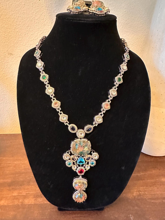 Semiprecious stones, American Diamonds CZ Classic Necklace Set sabyasachi inspired design