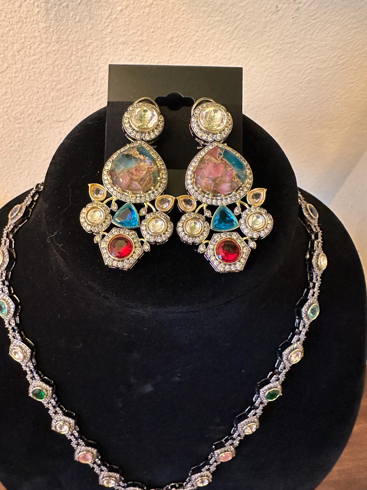 Semiprecious stones, American Diamonds CZ Classic Necklace Set sabyasachi inspired design