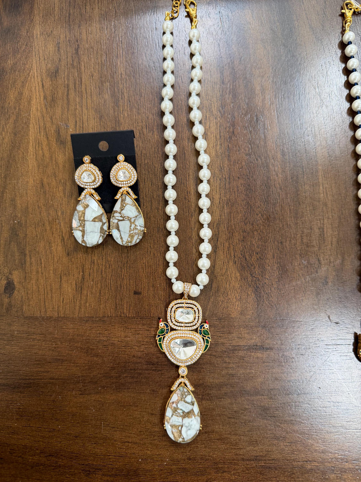 Stone Necklace Set : Mossanite, Polki American Diamonds and pearls