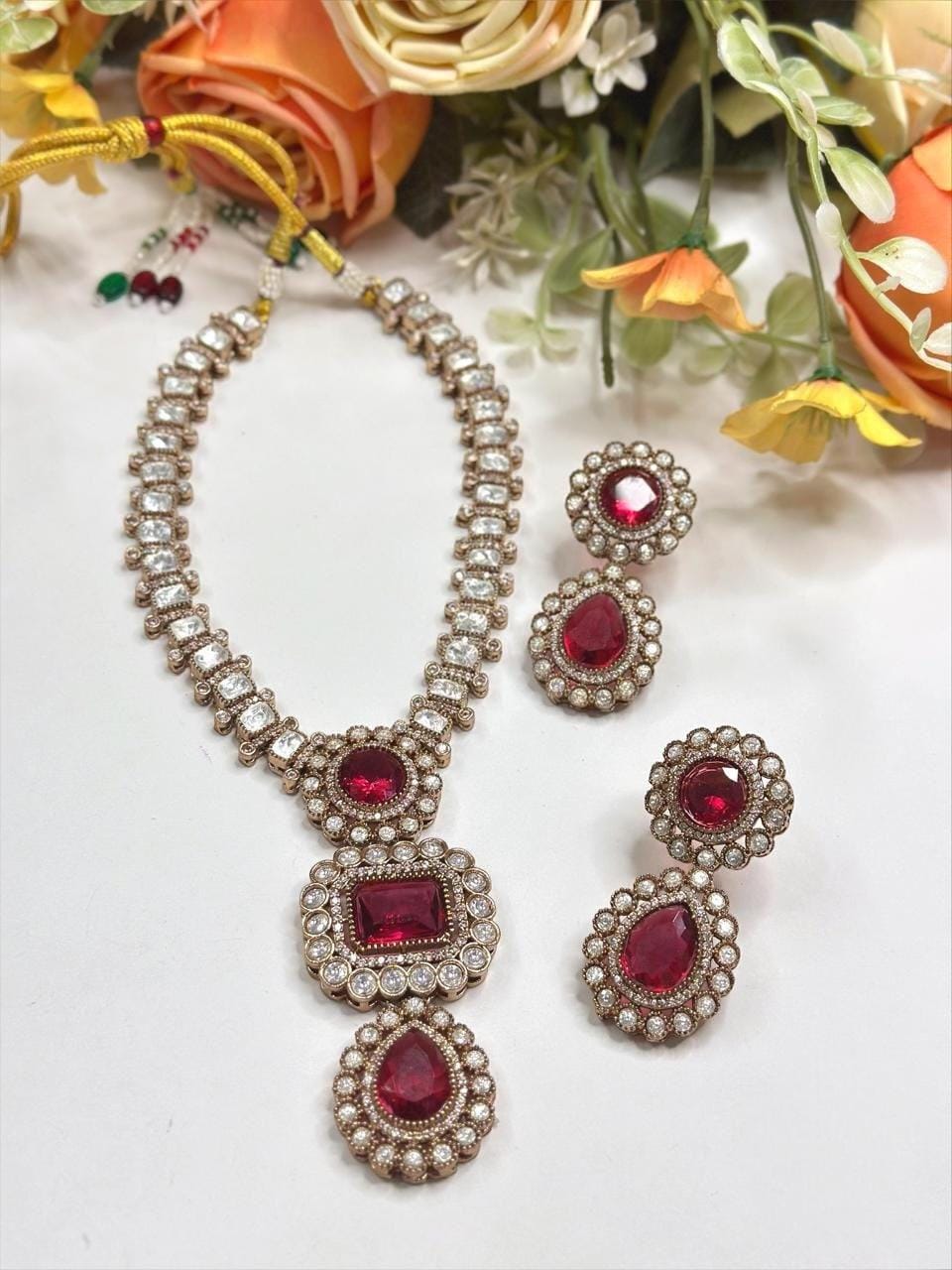 Red Doublet Stone, Polki: Antique Gold polished with American Diamonds necklace set