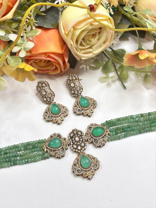 Mint green Doublet Stone, Polki: Antique Gold polished with American Diamonds necklace set choker