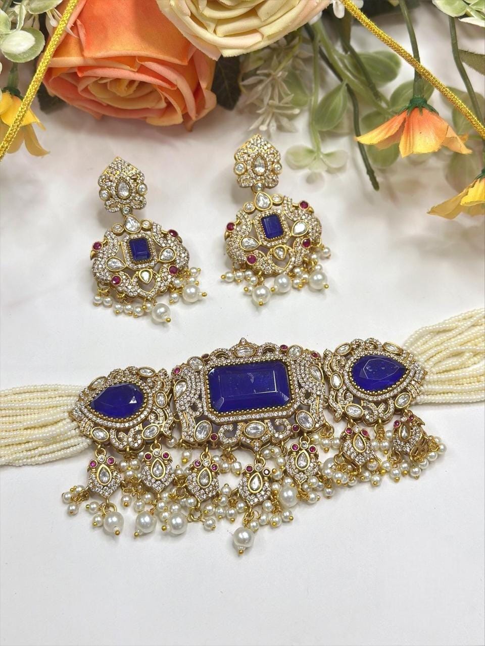 Violet Doublet Stone, Polki, Pearls: Antique Gold polished with American Diamonds necklace set choker