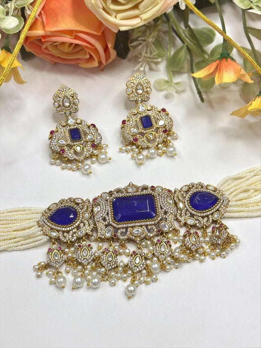 Violet Doublet Stone, Polki, Pearls: Antique Gold polished with American Diamonds necklace set choker