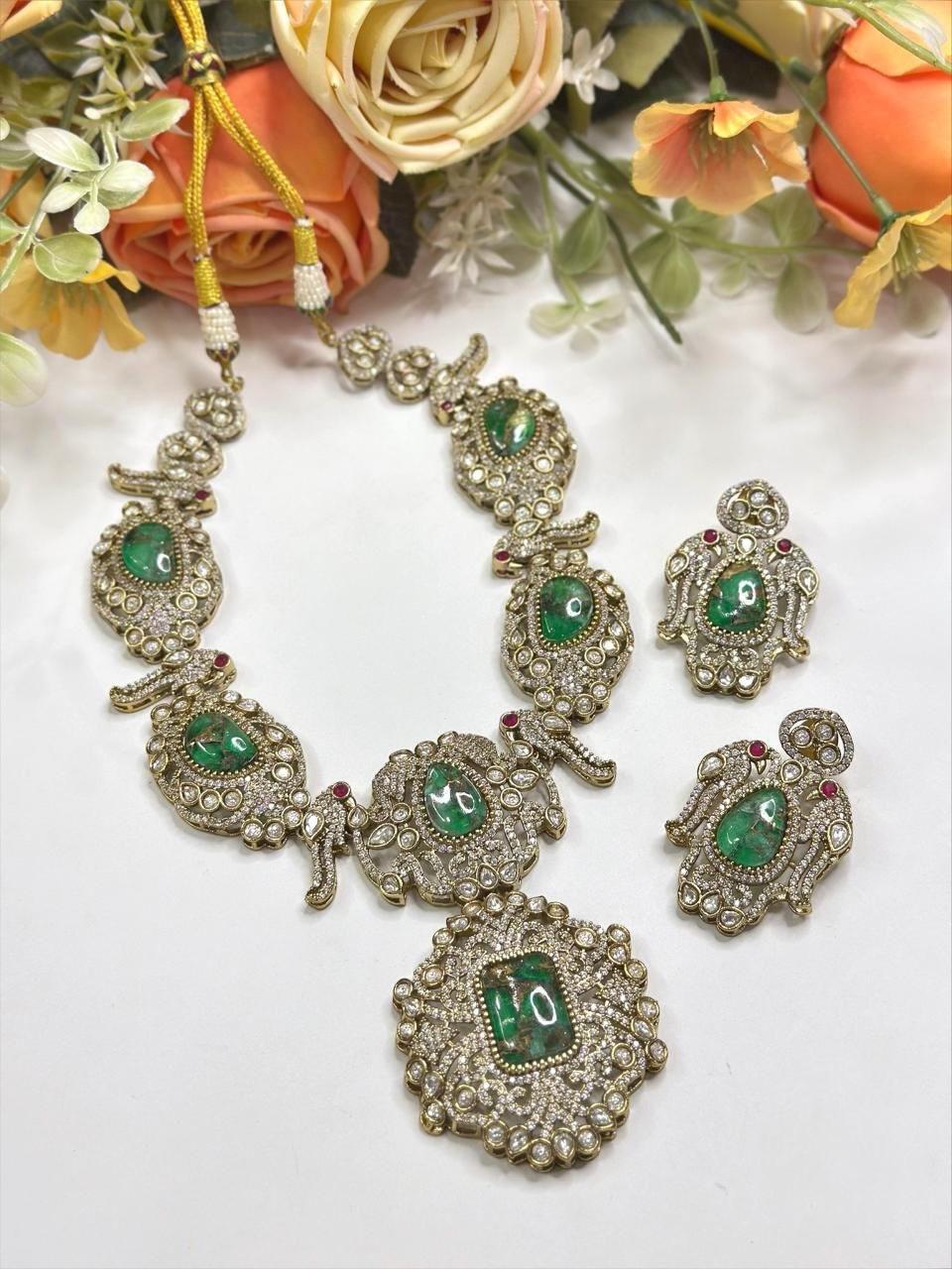 Emerald and gold Stone, Polki: Antique Gold polished with American Diamonds necklace set