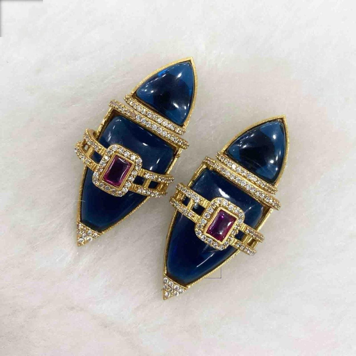 Semiprecious stones boat shaped earrings with american diamonds gold polished