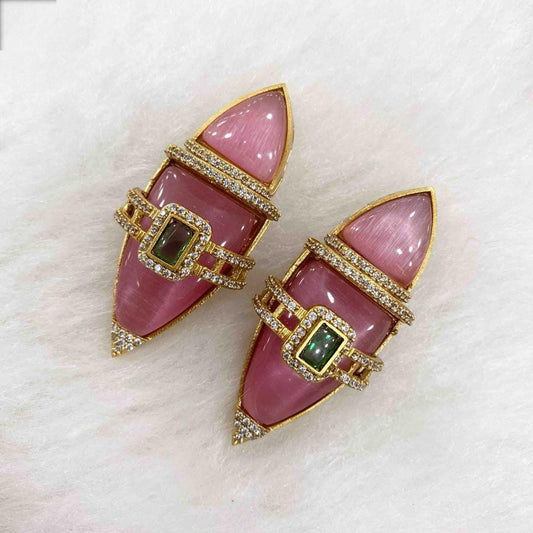 Semiprecious stones boat shaped earrings with american diamonds gold polished