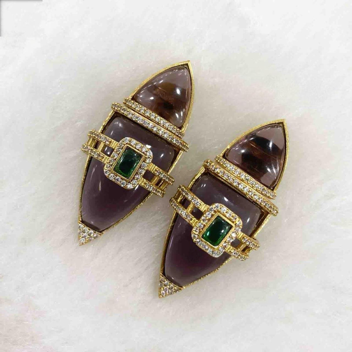 Semiprecious stones boat shaped earrings with american diamonds gold polished