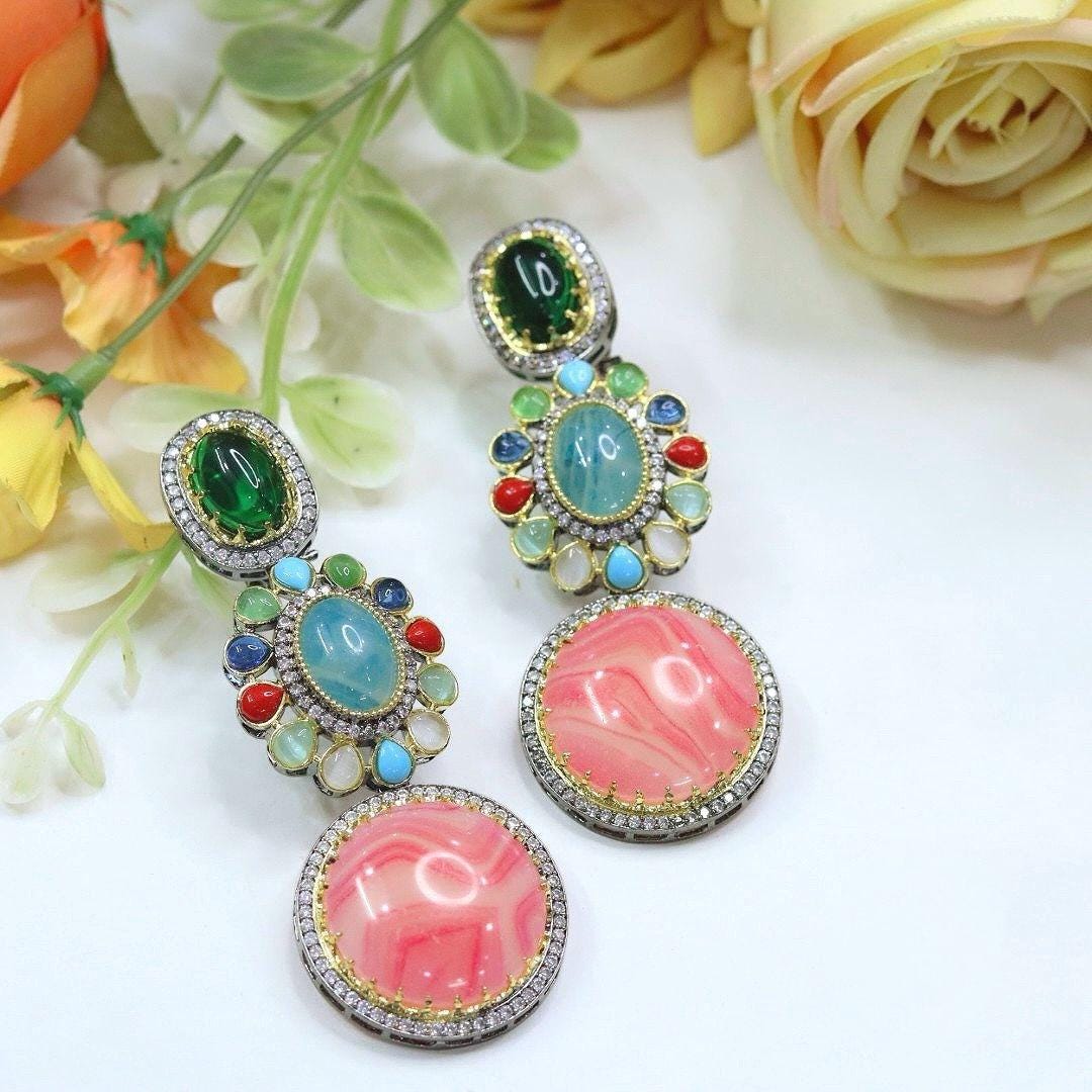 Polki and semiprecious stone earrings with American diamonds Sabya inspired