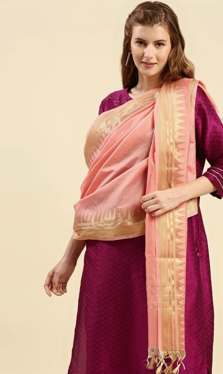 Banarasi Silk Dupatta with Temple Border Wine/Coral color stole
