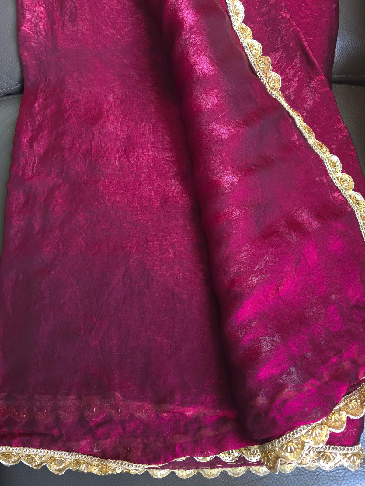 Purple Tissue silk saree with handmade lace border (no blouse, only saree)