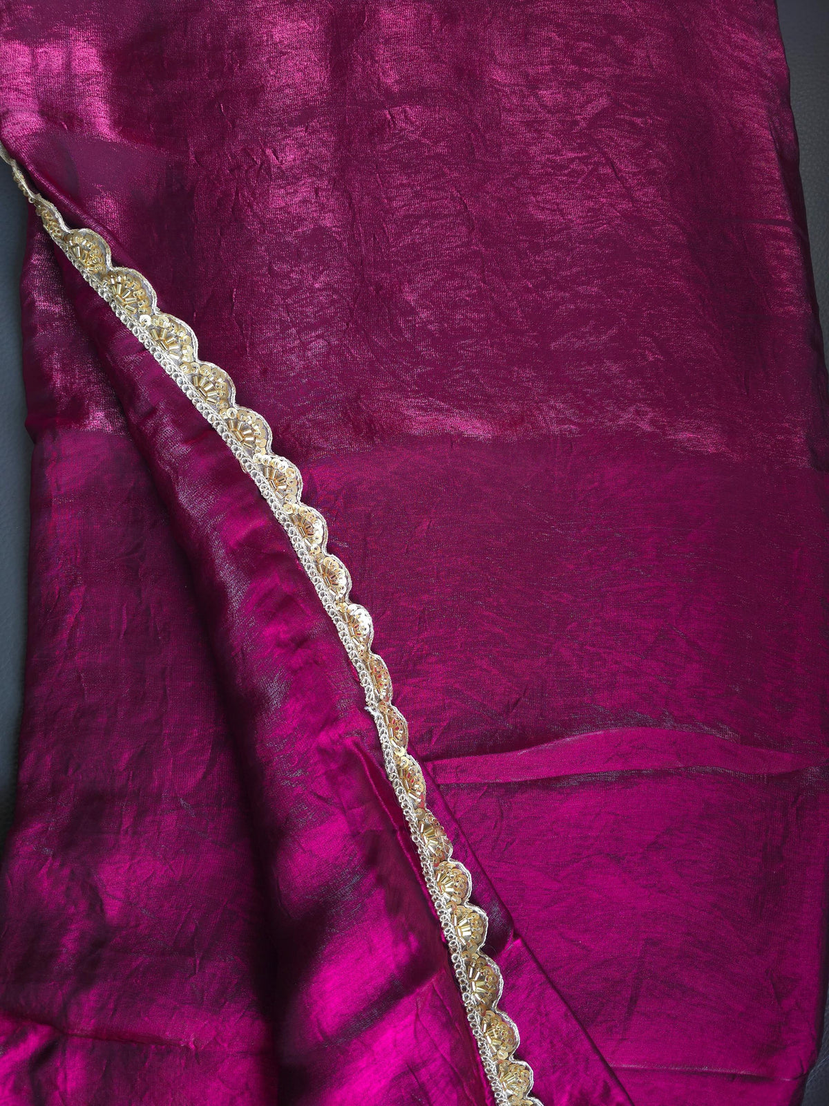 Purple Tissue silk saree with handmade lace border (no blouse, only saree)