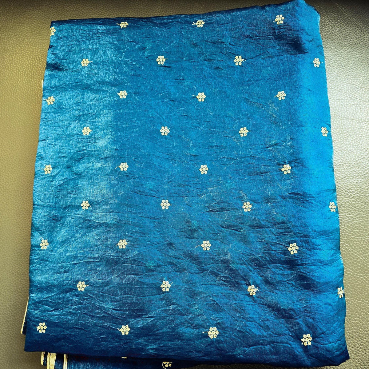 Blue Tissue Silk Saree, Sequin Butti, Lace Border (no blouse, only saree)