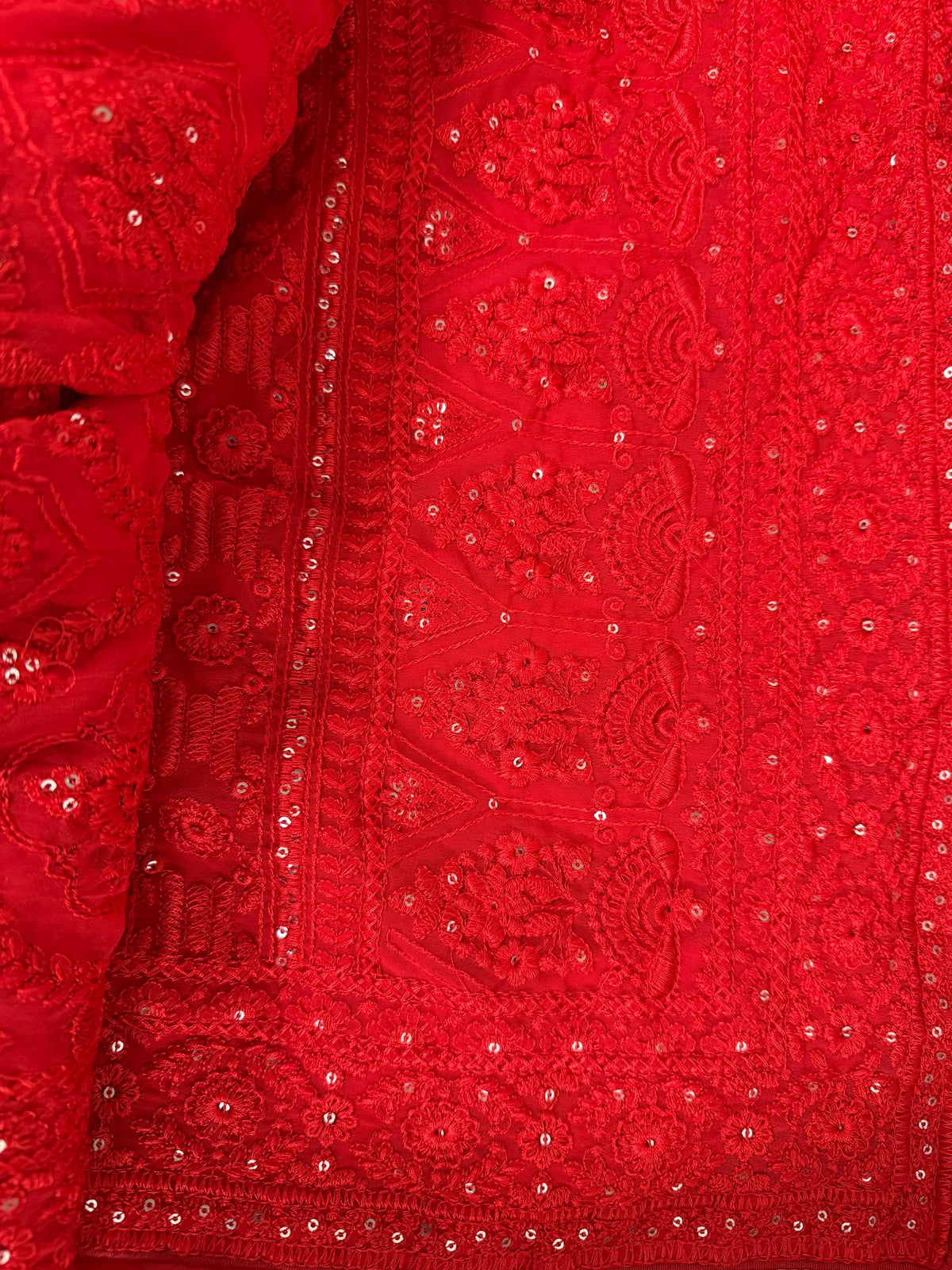 Red Designer Faux Georgette Chikankari Worked Saree
