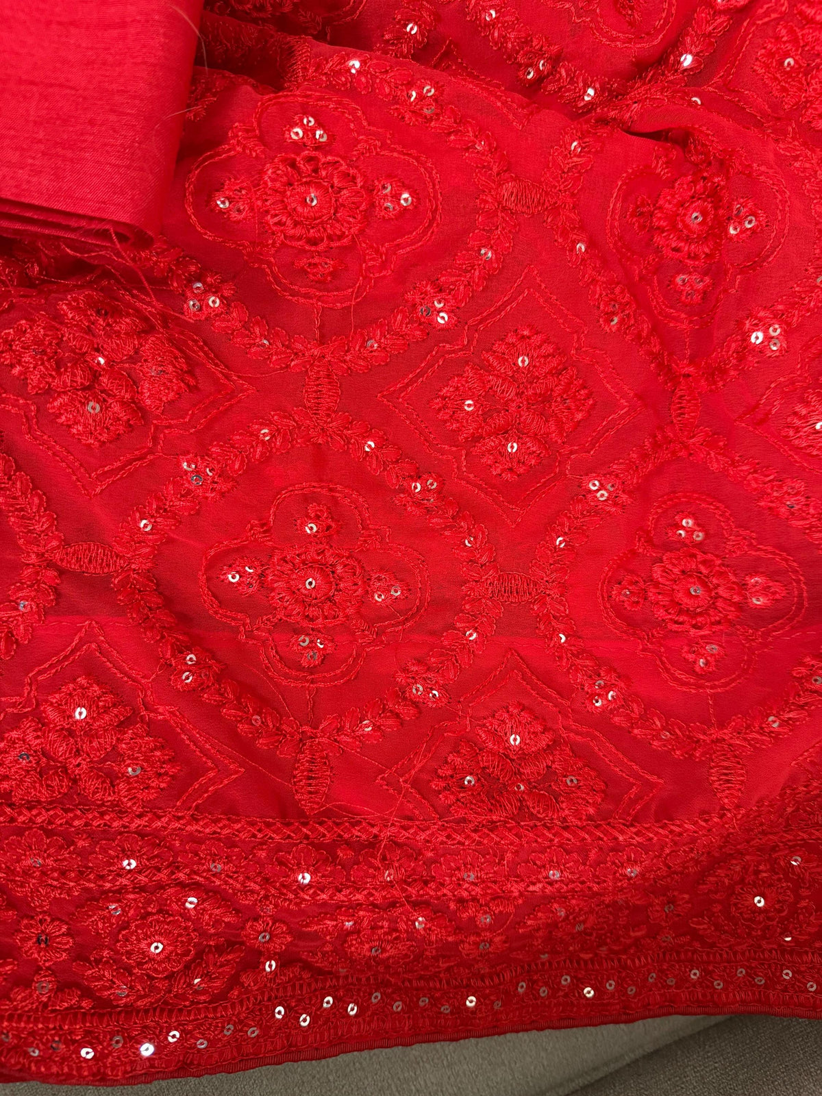 Red Designer Faux Georgette Chikankari Worked Saree