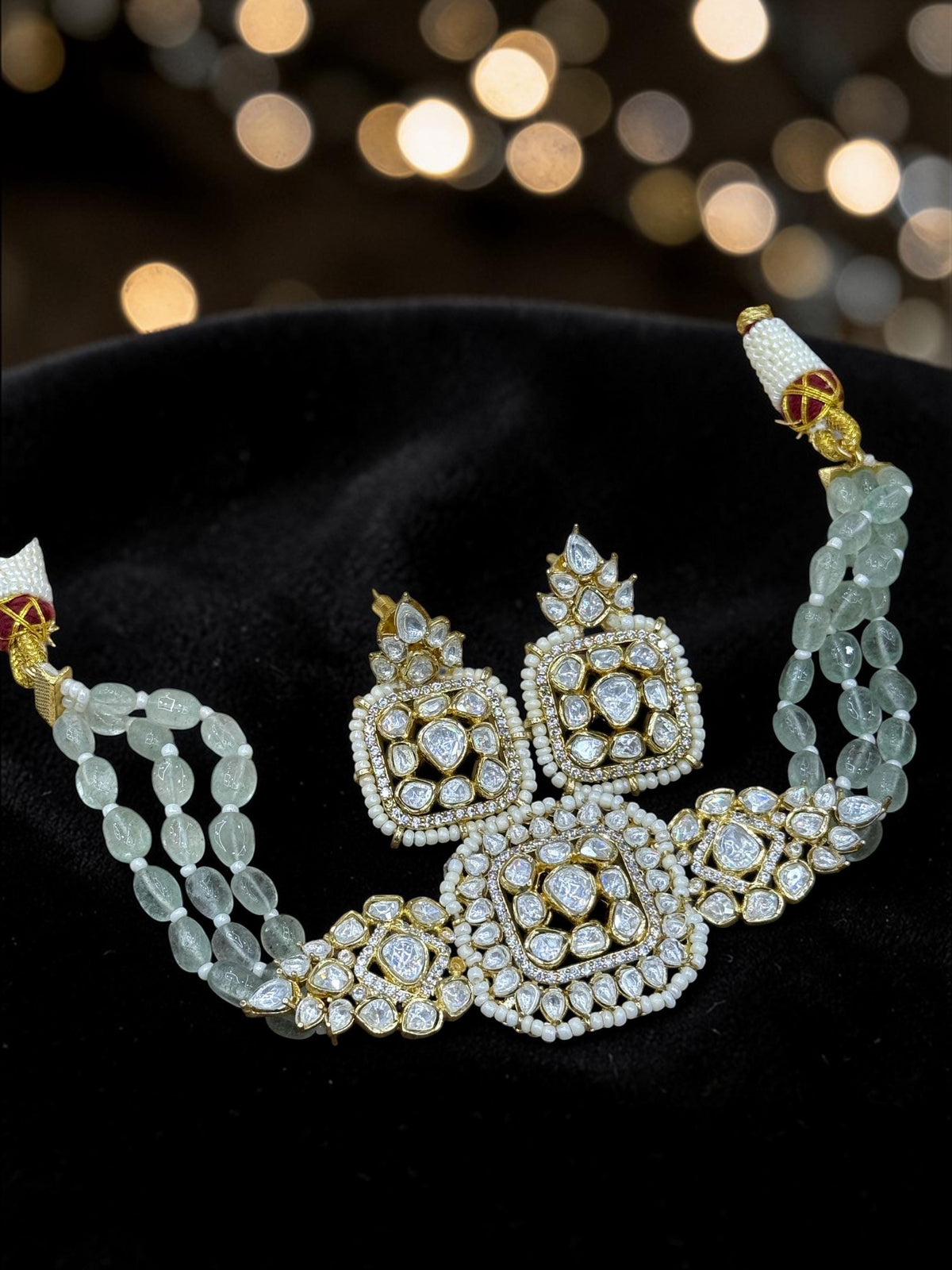 Real Mossanite, Polki American Diamonds gold polished necklace set with mint green beads choker