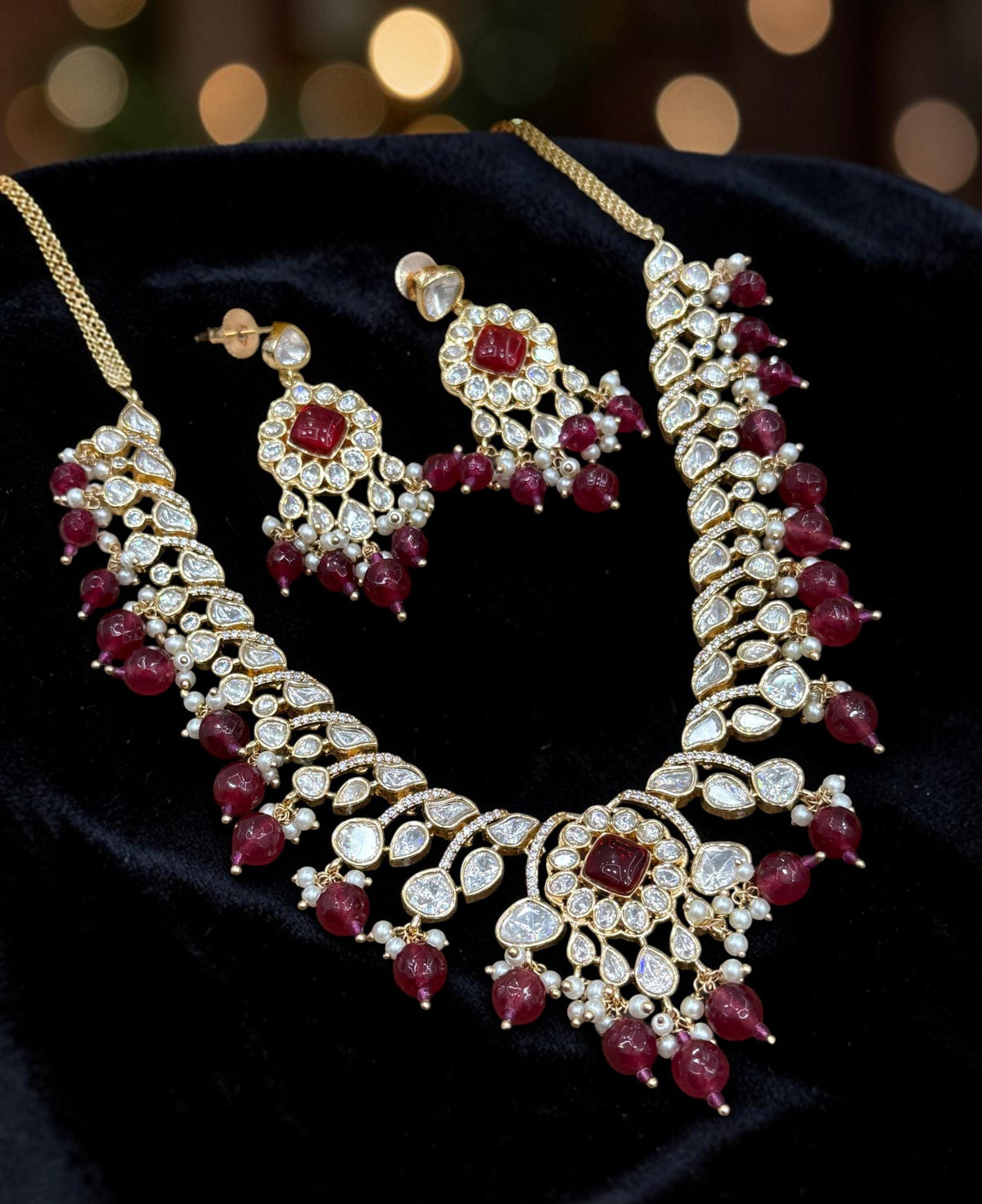 Gold Polished Necklace Set, Real Moissanite Polki Diamonds, Red Beads, Bollywood Style