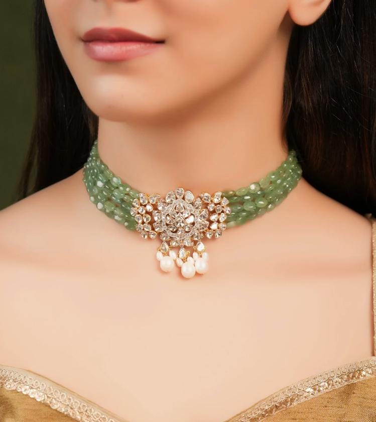 Real Mossanite, Polki American Diamonds gold polished necklace set with mint green beads choker