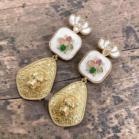 Long Dangle Earrings: Doublet Stone, Sabya inspired, handmade with antique gold finished