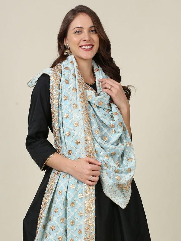Sky Blue Georgette Lucknowi Dupatta: Gotta Patti Work Stole Shawl