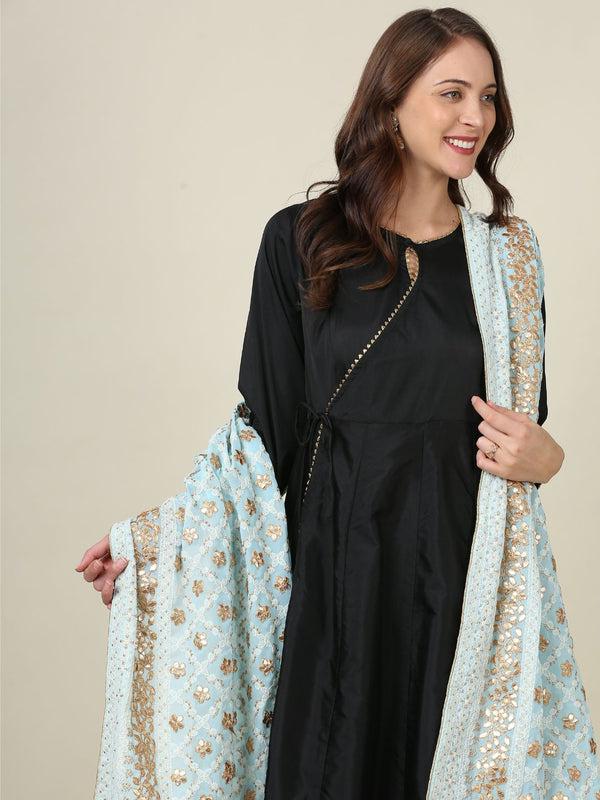 Sky Blue Georgette Lucknowi Dupatta: Gotta Patti Work Stole Shawl