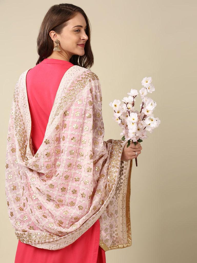 Baby Pink Georgette Dupatta: Lucknowi Embroidery, Gotta Patti Work